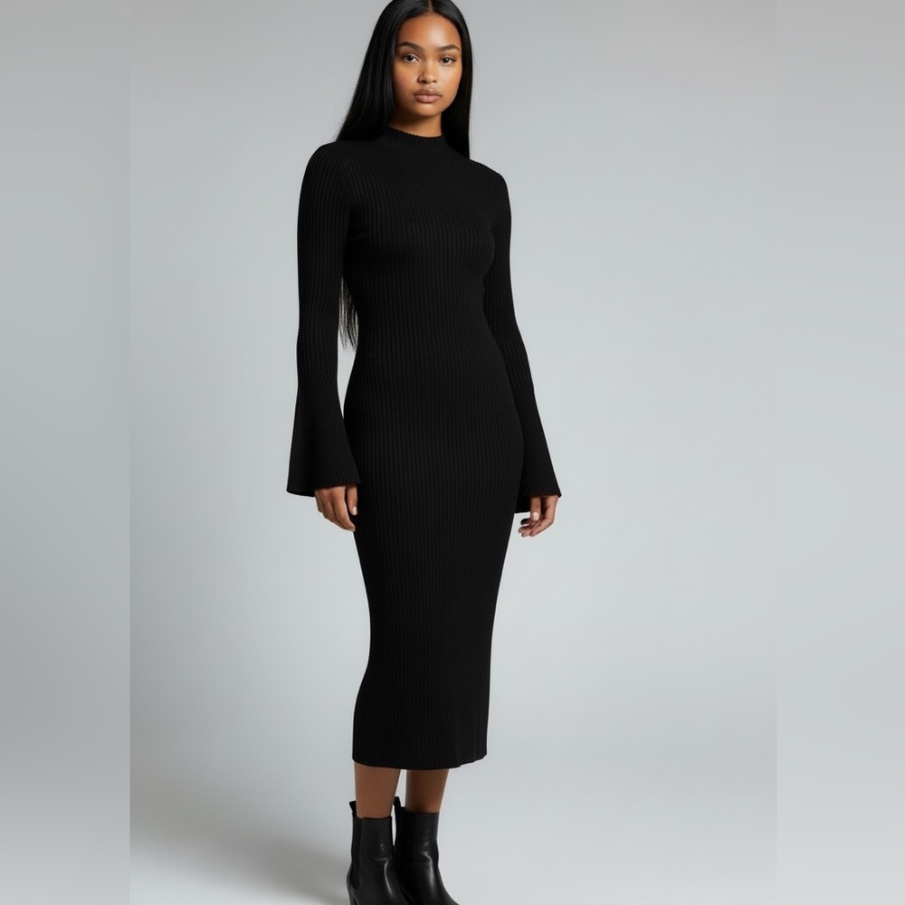 Elegant Black Ribbed Knit Dress - Picture 2 of 5